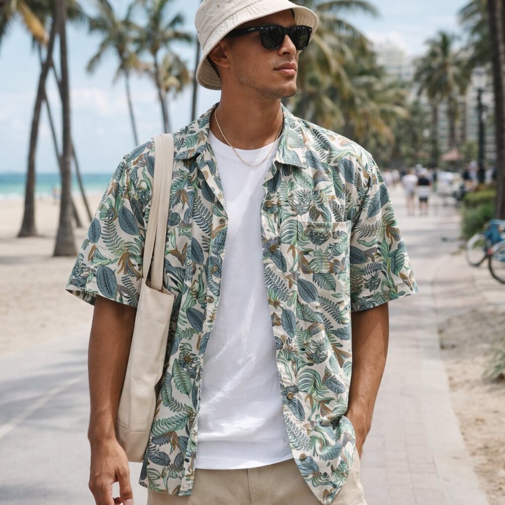 DIP Tropical Leaf Print Button Up Shirt XXL Green Resort Camp Shirt